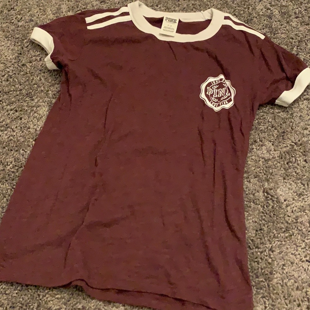 PINK Maroon & White Striped Varsity Tee